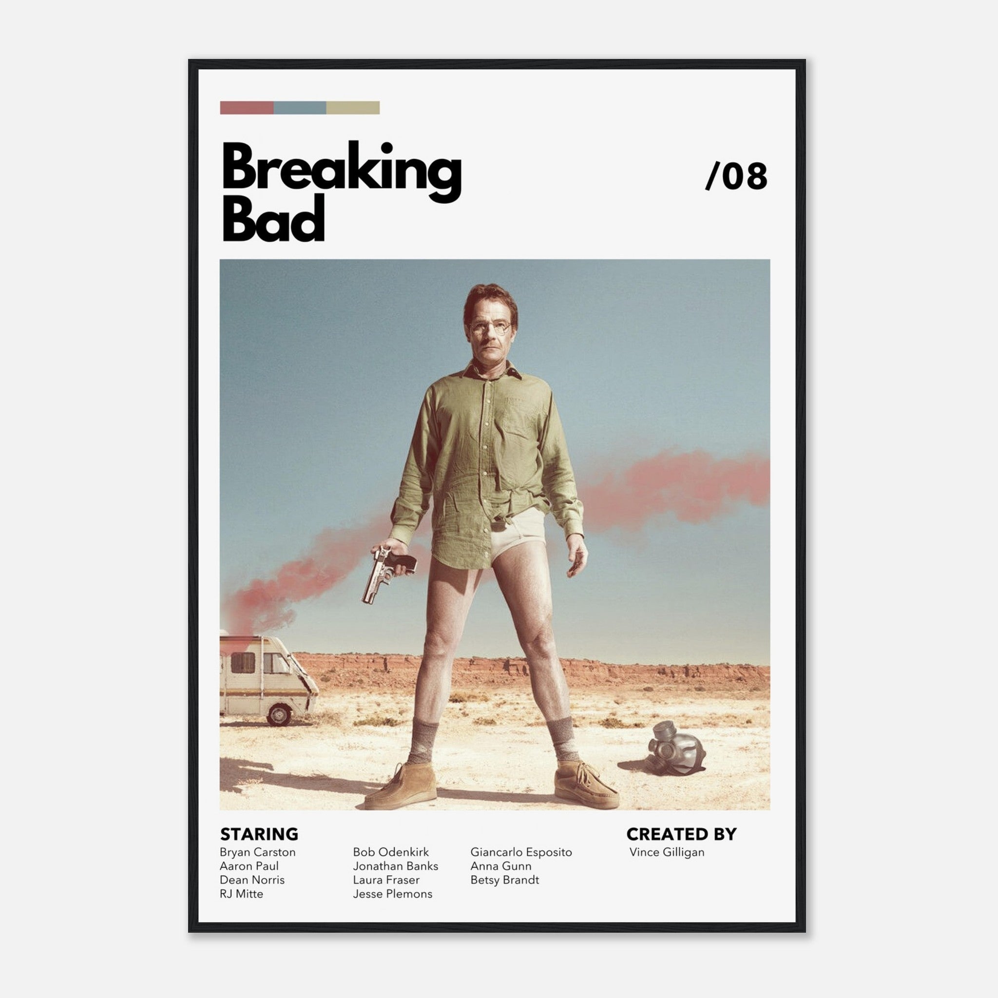 Retro Breaking Bad framed poster featuring Walter White in desert attire with a gun, showcasing bold wall art for fans.