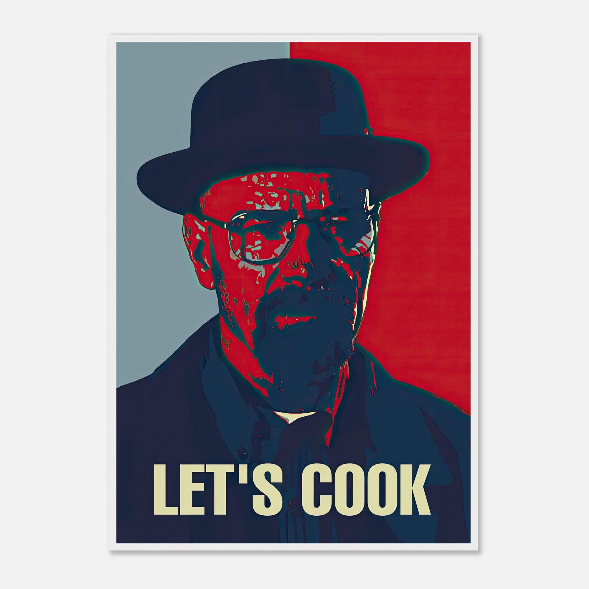 Heisenberg Let's Cook framed print featuring bold pop art design in red and blue colors, perfect for wall decoration.