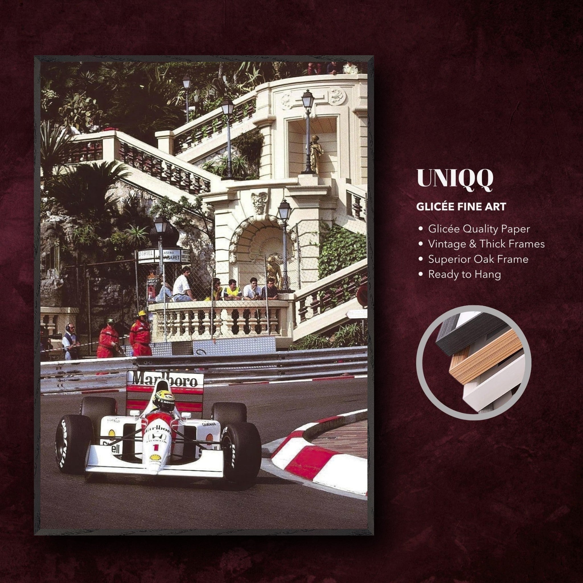 Fine art print of Ayrton Senna racing in Monaco, framed in a vintage design with archival-quality materials.