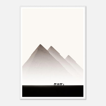 Framed print of the Pyramids of Giza with camels, showcasing Egypt's timeless desert landscape and travel allure.