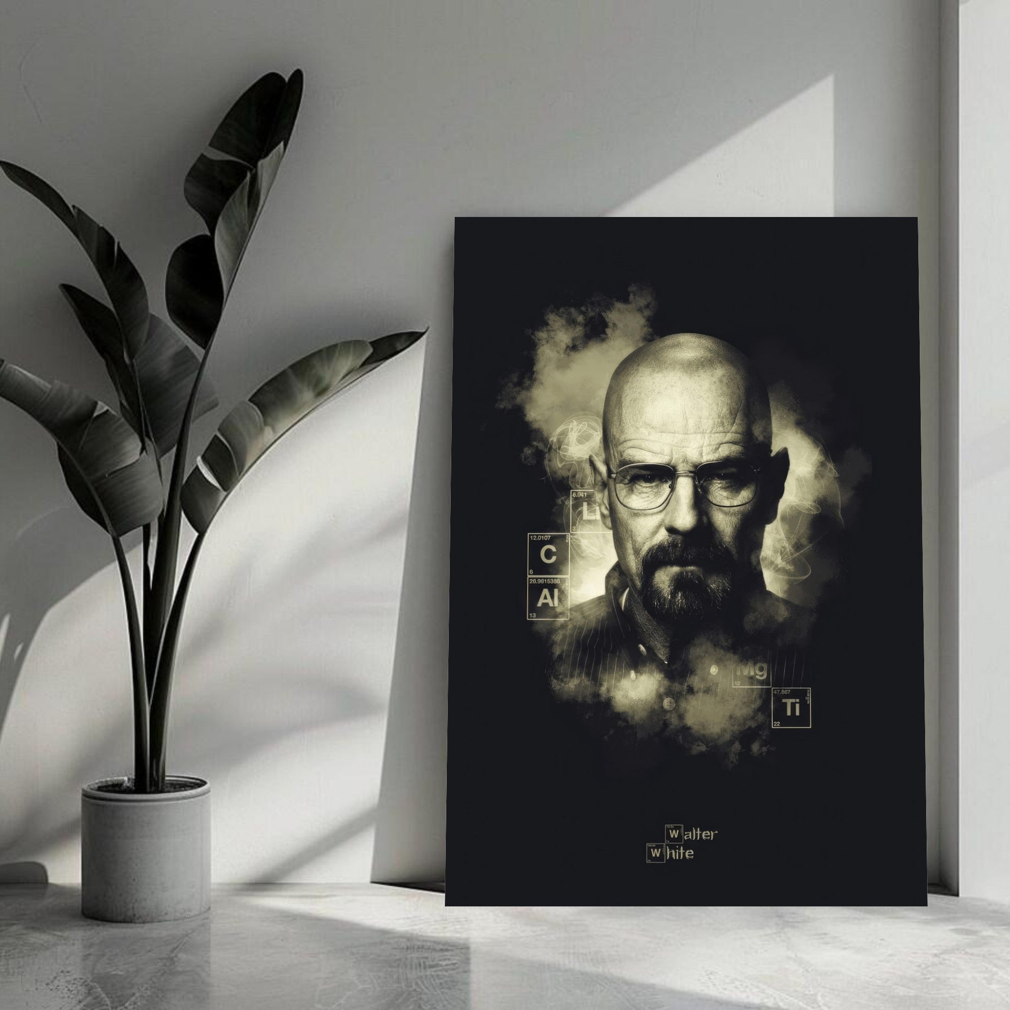 Walter White Heisenberg metal poster showcased in a modern interior with a plant and minimalist decor.