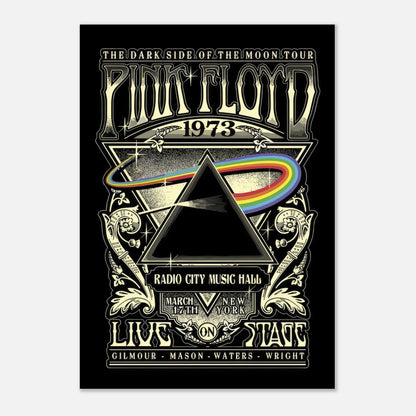 Pink Floyd 1973 Dark Side of the Moon tour poster featuring vintage design and prism graphics, Radio City Music Hall.