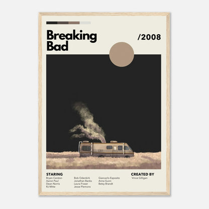 Vintage RV Breaking Bad framed print featuring iconic RV surrounded by desert landscape, minimalist design, and warm tones.