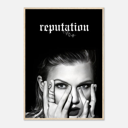 Taylor Swift Reputation framed print featuring striking black-and-white imagery capturing her bold elegance and fearless persona.