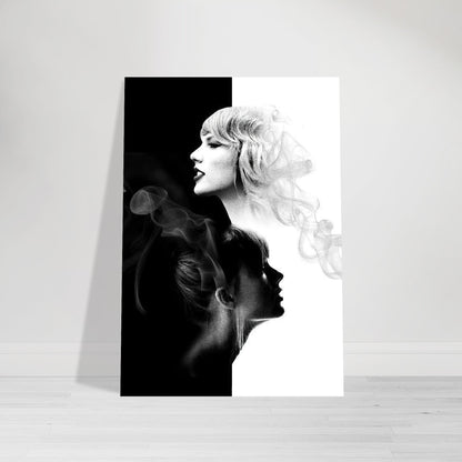 Taylor Swift black and white poster featuring dual-tone design with smoky accents and elegant profiles.