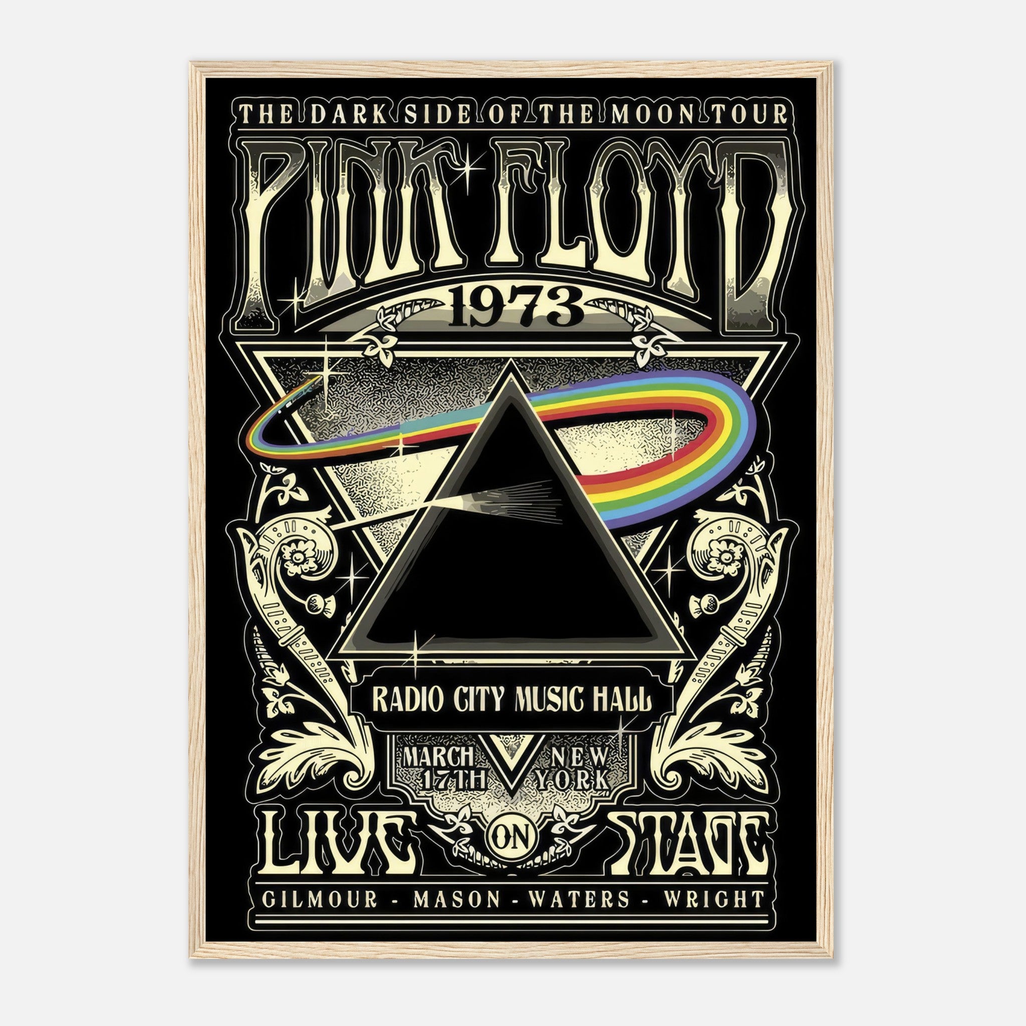 Pink Floyd 1973 The Dark Side of the Moon framed print featuring iconic prism and spectrum artwork.