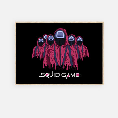 Squid Game Soldiers framed poster featuring iconic pink-clad guards with geometric masks and vivid colors.