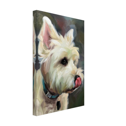Lifelike Westie dog painting on canvas, showcasing playful spirit with expressive eyes and tongue out.