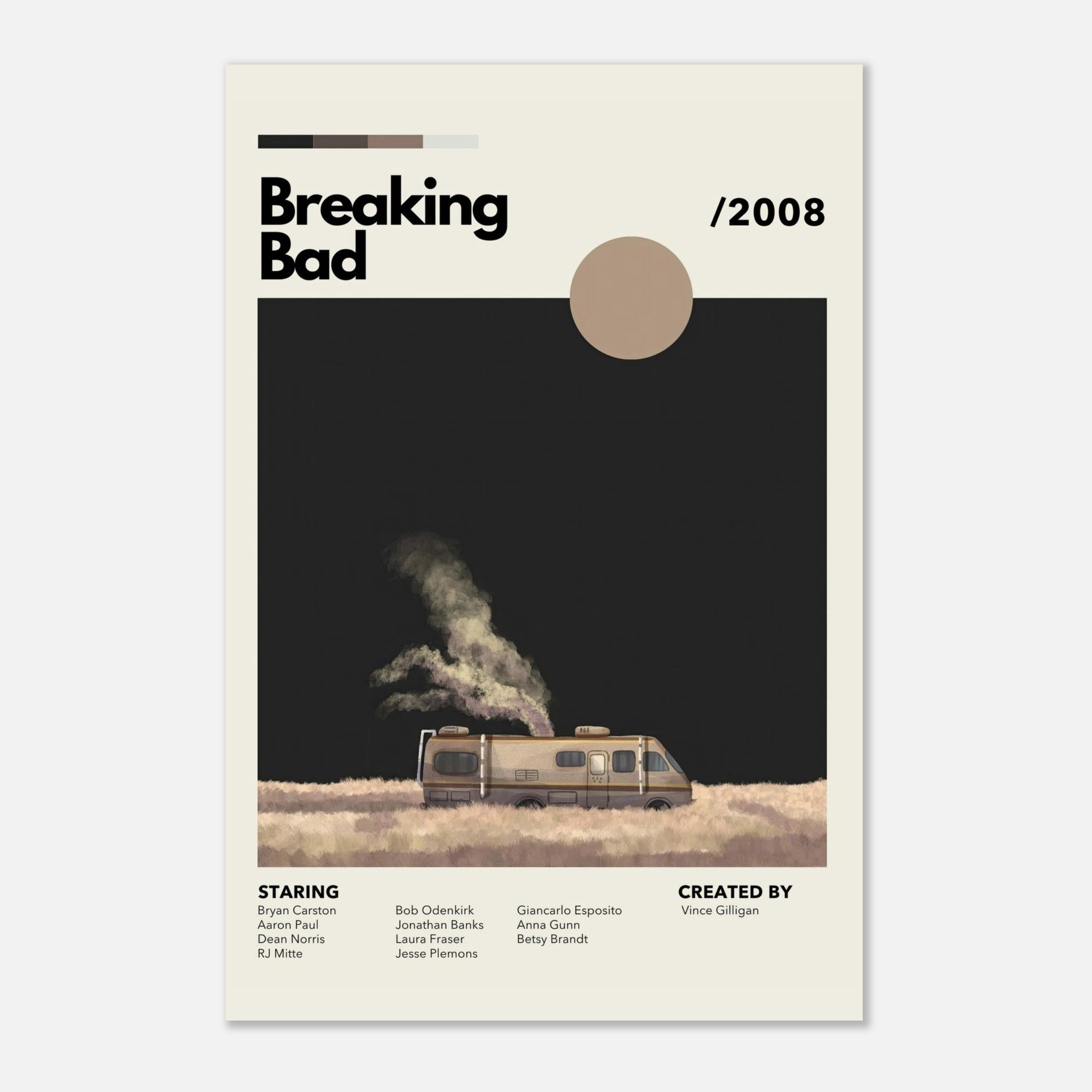 Vintage RV Breaking Bad metal print artwork featuring iconic RV in a desert setting, celebrating the TV series' legacy.