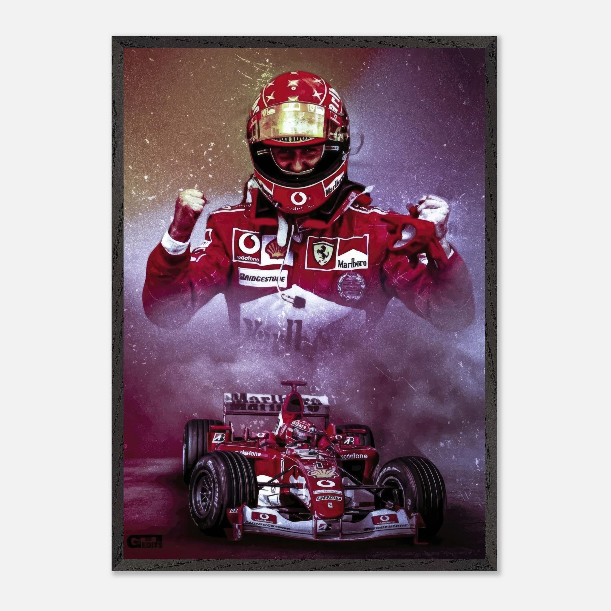 Michael Schumacher fine art print featuring him in Ferrari suit with his championship car, showcasing speed and victory.