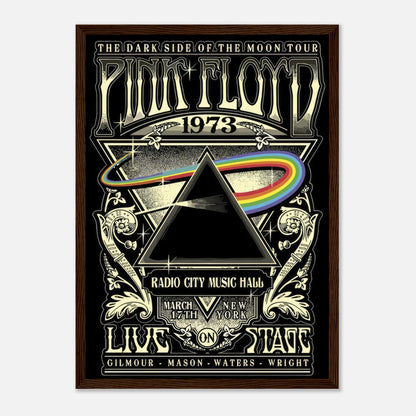 Pink Floyd 1973 Radio City Music Hall tour poster framed print featuring iconic prism design and vibrant spectrum graphics.