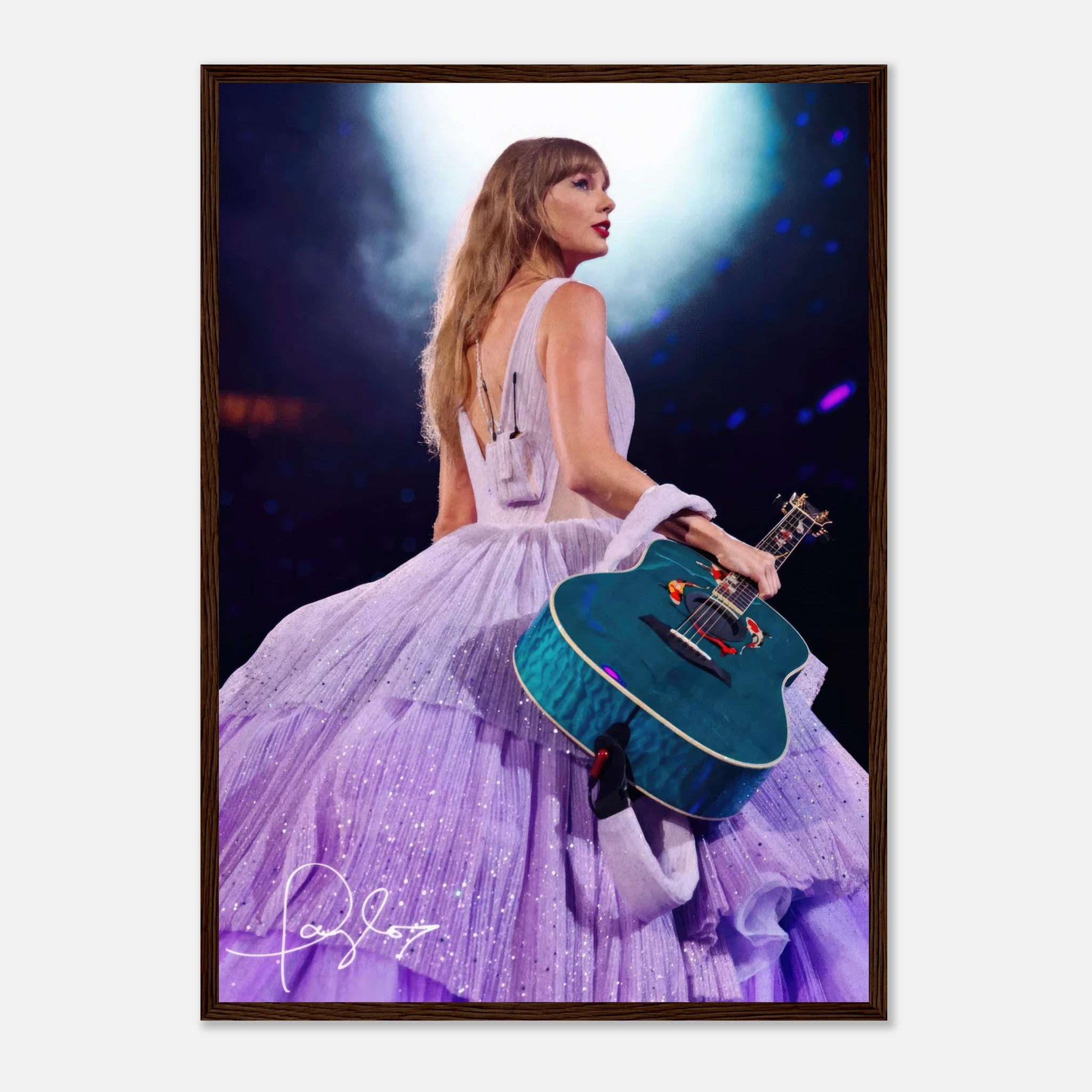 Taylor Swift framed poster in lavender gown holding her guitar, ideal for fans and home decor.