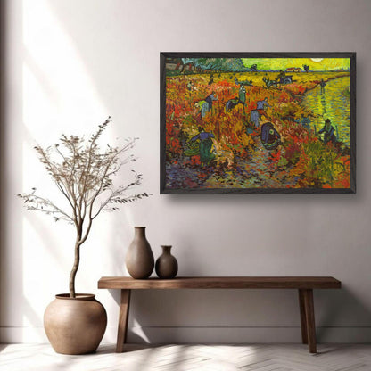 Vincent van Gogh's The Red Vineyard, vibrant Giclée print displayed in a modern home interior.