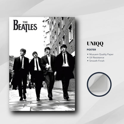 The Beatles Cover Poster featuring the iconic band walking in black and white, printed on museum quality paper.