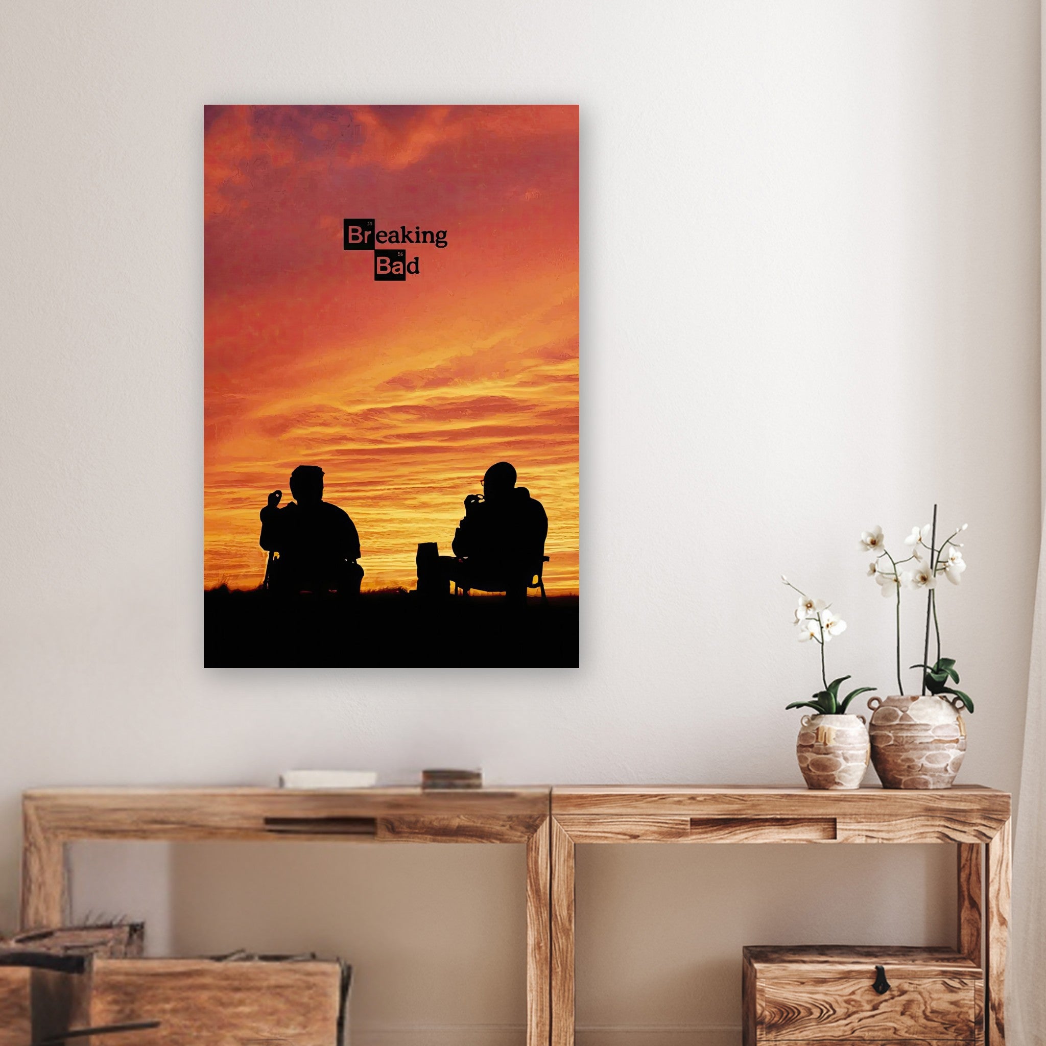 Breaking Bad metal print showcasing iconic silhouettes against a vibrant sunset backdrop, perfect for fans of the series.