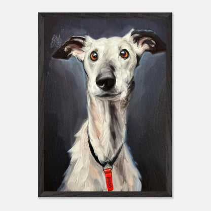 Greyhound dog painting featuring expressive eyes and sleek fur, museum-quality fine art print.