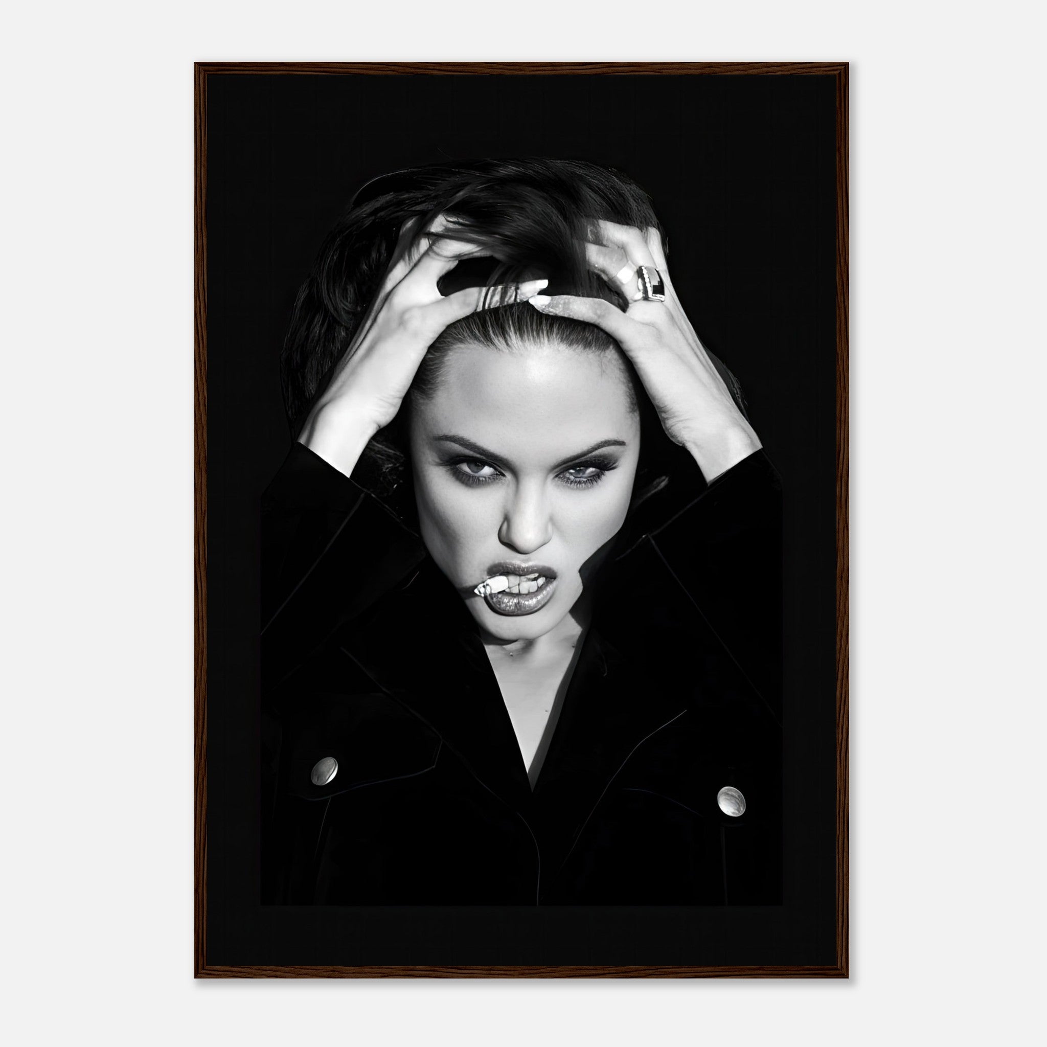 Angelina Jolie Smoking framed print showcasing bold allure and dramatic black-and-white photography.