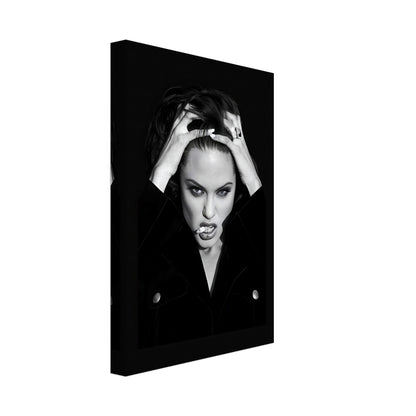 Angelina Jolie smoking canvas art in black-and-white, showcasing elegance and intensity in contemporary decor.