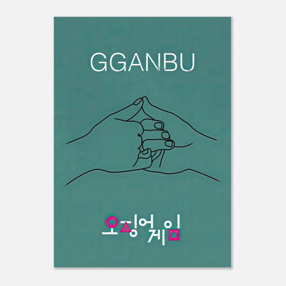 GGANBU Squid Game poster featuring minimalistic handshake artwork on teal backdrop, symbolizing friendship.