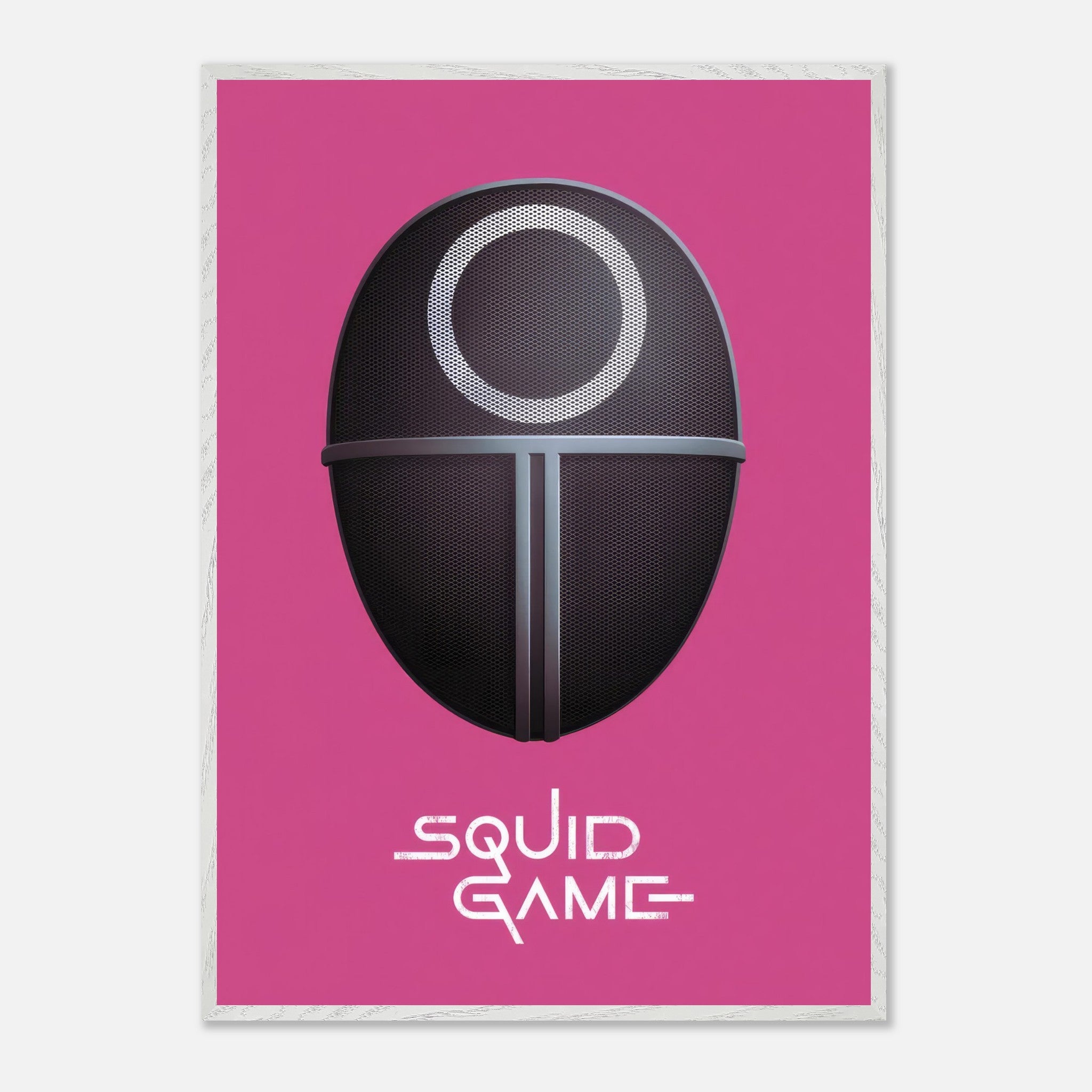 Squid Game Guard Mask fine art print with bold pink background and iconic design, perfect for fans and collectors.