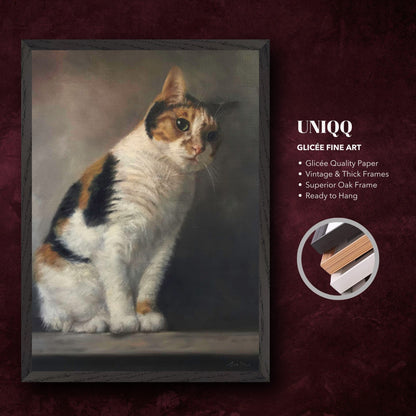 Realistic cat portrait painting in a vintage oak frame, showcasing lifelike details on high-quality paper.