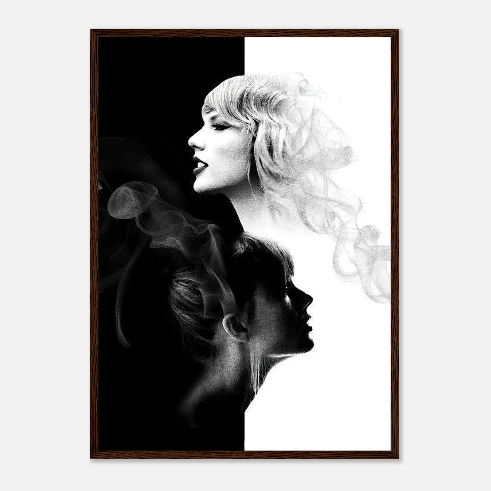 Taylor Swift black and white framed print showcasing dual portrait design with elegant light and shadow elements.