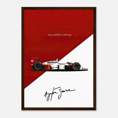 Ayrton Senna McLaren MP4/4 framed print with signature and bold red and white design. Perfect for motorsport enthusiasts.