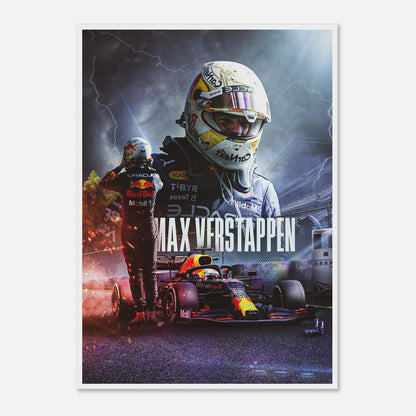 High-quality framed print of Max Verstappen in Red Bull Racing, featuring vibrant colors and dynamic Formula 1 artwork.