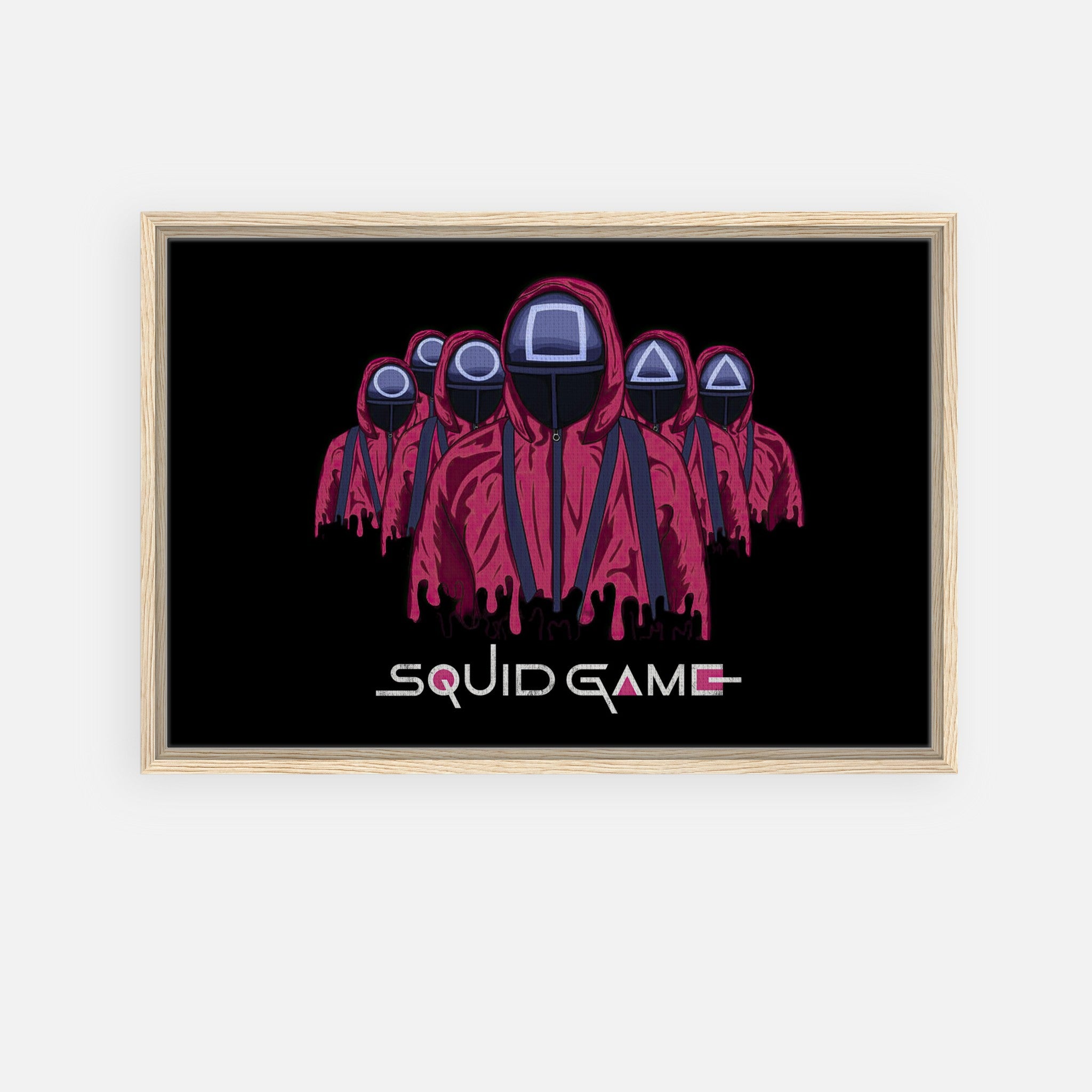 Squid Game Soldiers framed canvas print featuring iconic masked guards in red uniforms on a black background.