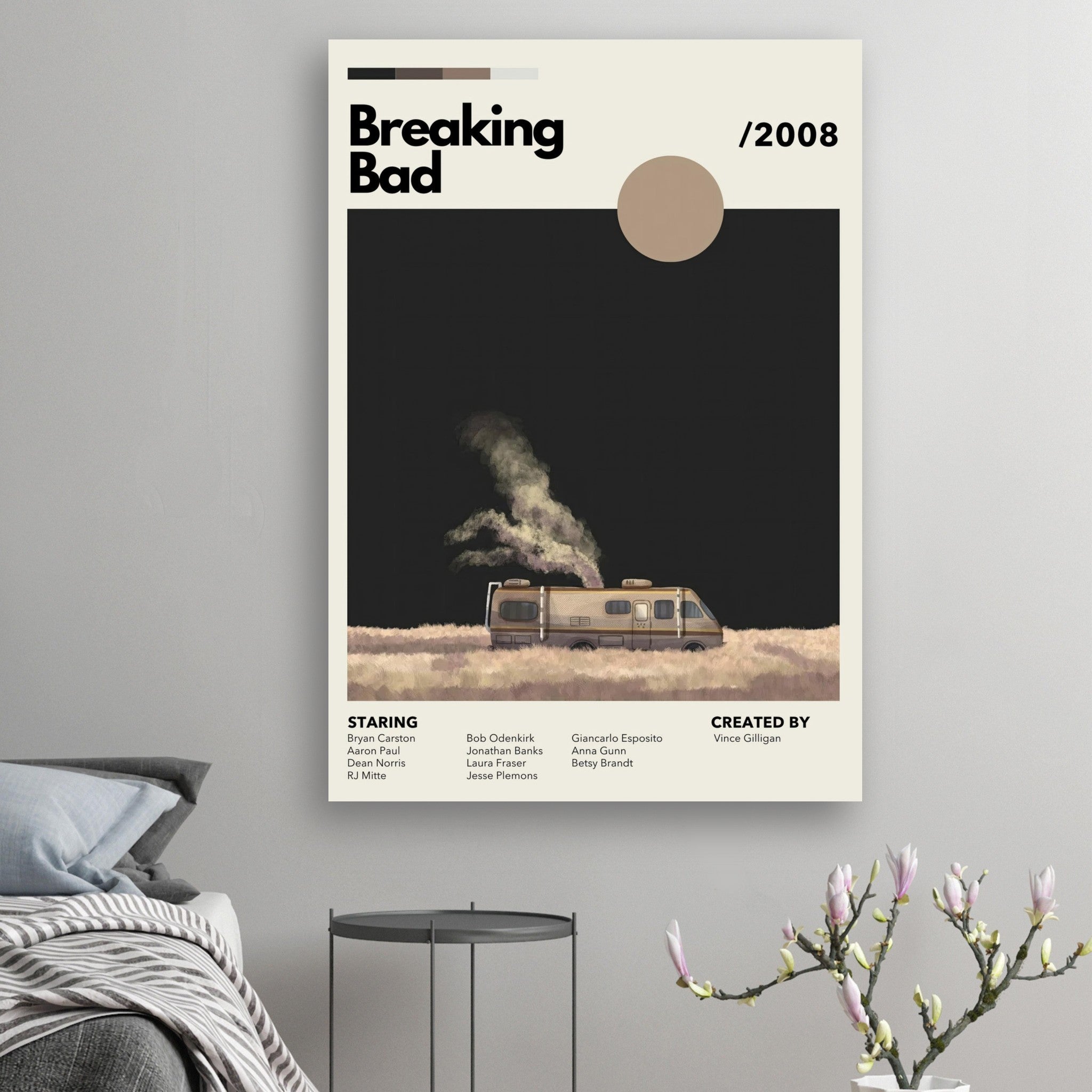 Vintage Breaking Bad poster featuring iconic RV in a desert landscape, perfect for fans of the TV series.