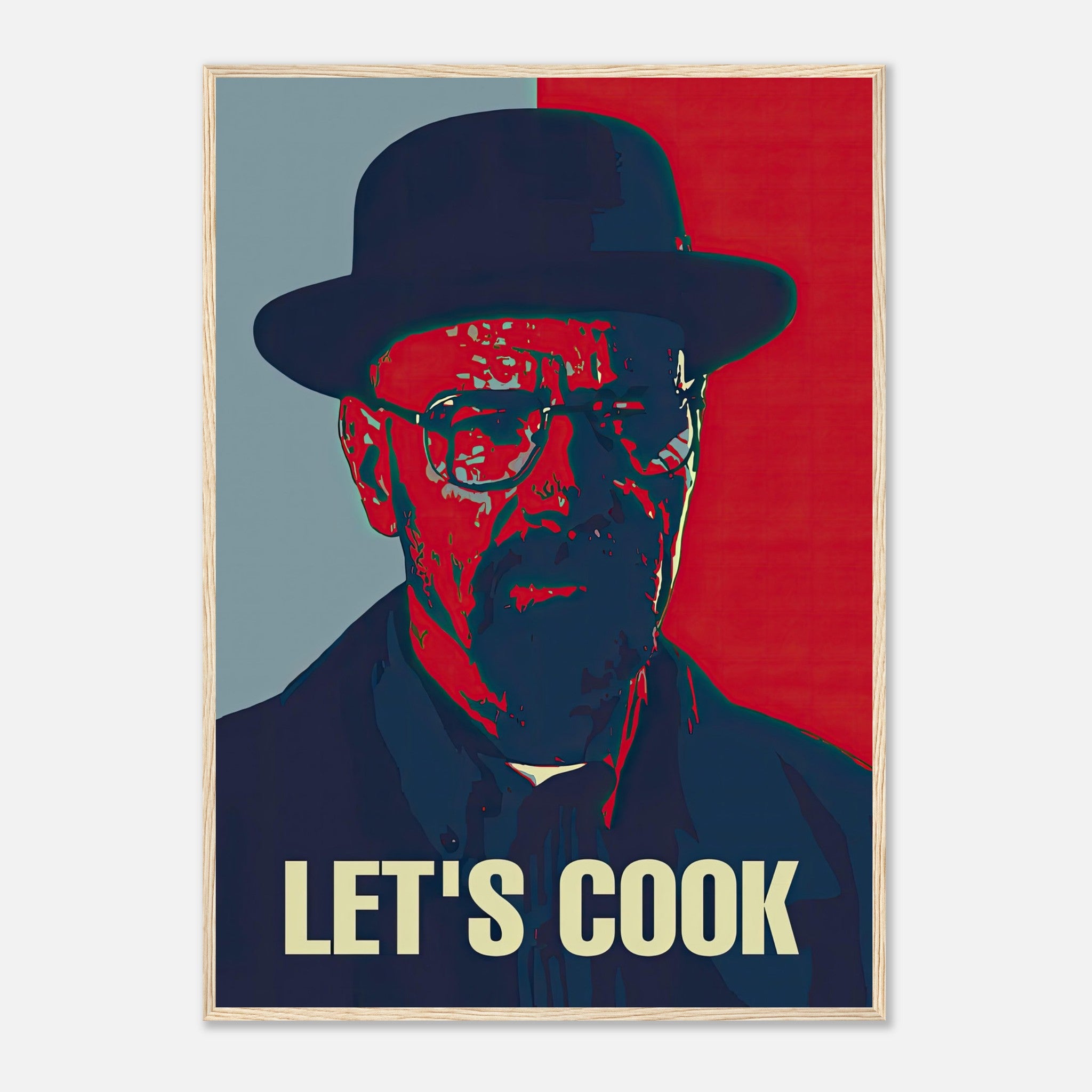 Heisenberg Let’s Cook framed print in bold red and blue, featuring an iconic pop art design for modern decor.