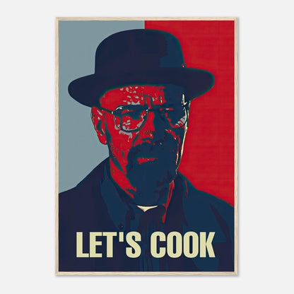 Heisenberg Let's Cook pop art framed print in vivid red and blue colors, ideal for home decor and fans of iconic TV shows.