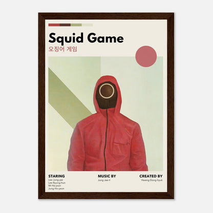 Vintage Squid Game framed print featuring a red-hooded figure and minimalist design, perfect for fans and collectors.