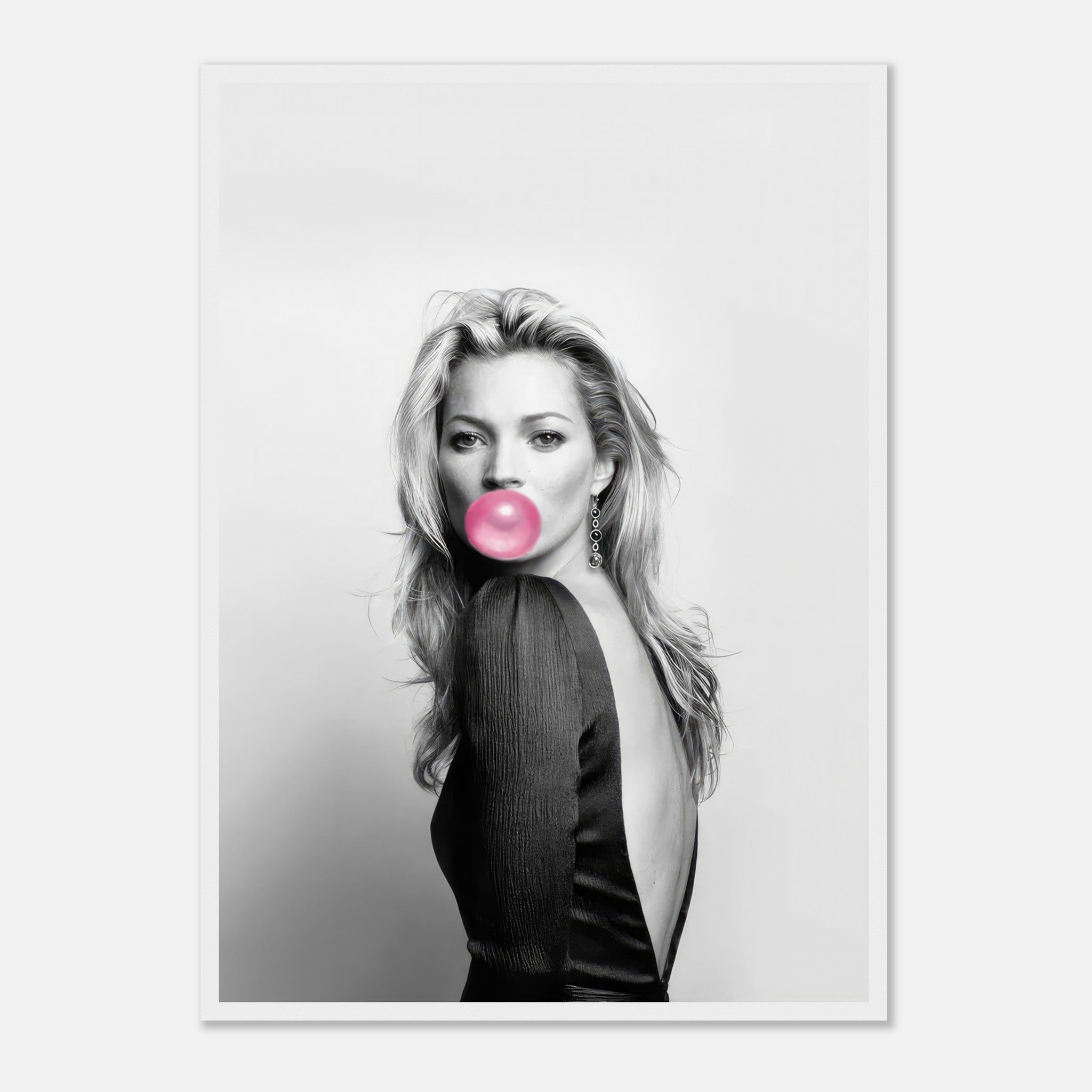 Black-and-white portrait of a woman blowing pink bubblegum, showcasing modern chic art style in framed print.