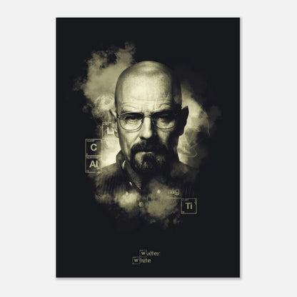 Walter White Heisenberg poster featuring intense gaze and chemistry elements from "Breaking Bad" series.