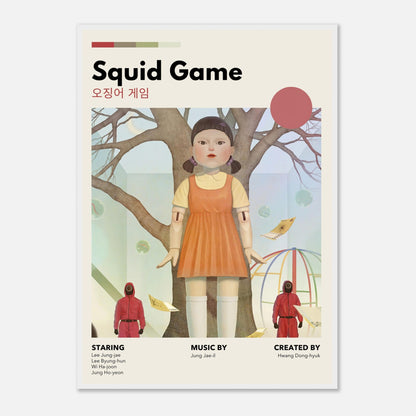 Vintage Squid Game framed poster featuring Red Light, Green Light doll in retro style and minimalist design.