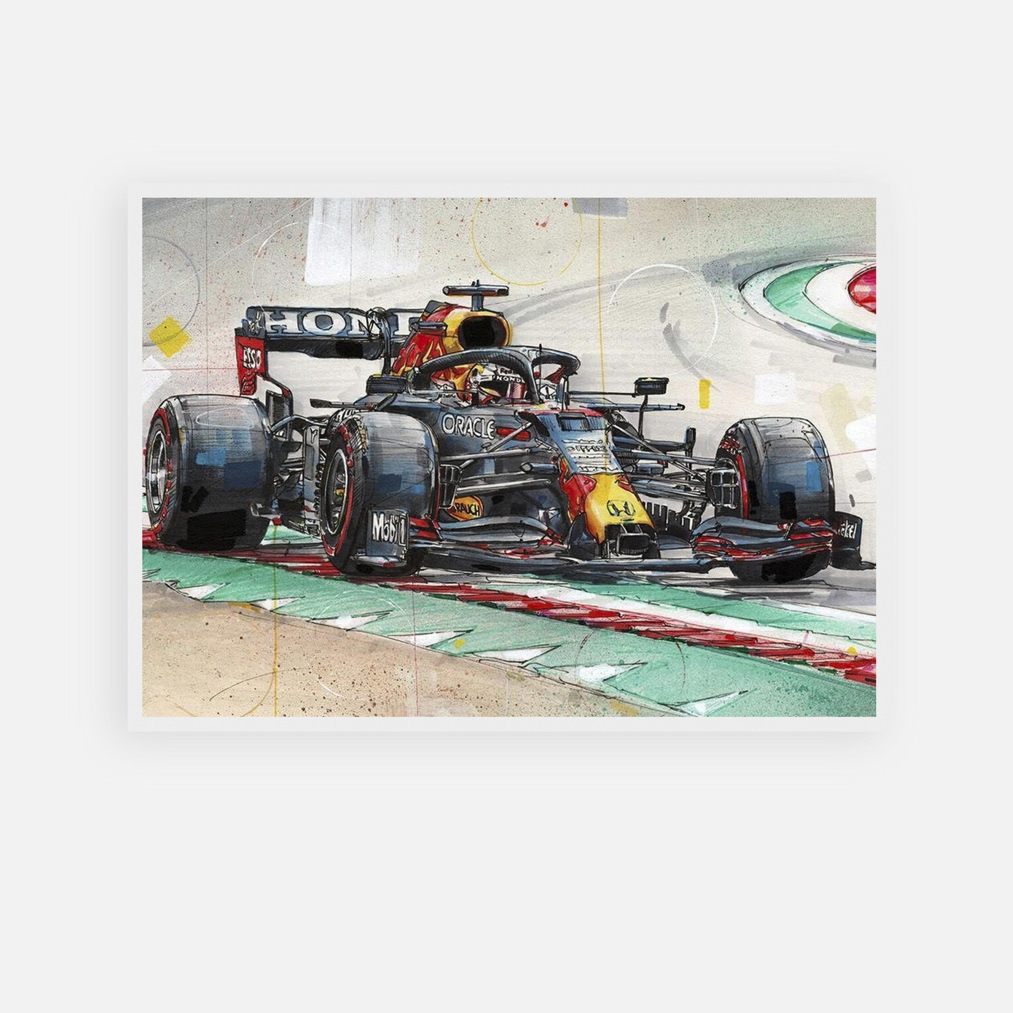 Max Verstappen framed print depicting Red Bull Racing car in vibrant illustration, perfect for home or office decor.