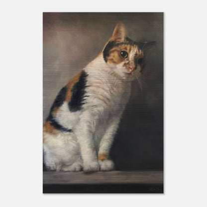 Realistic cat portrait painting on brushed metal, showcasing lifelike details and warm, elegant aesthetics.