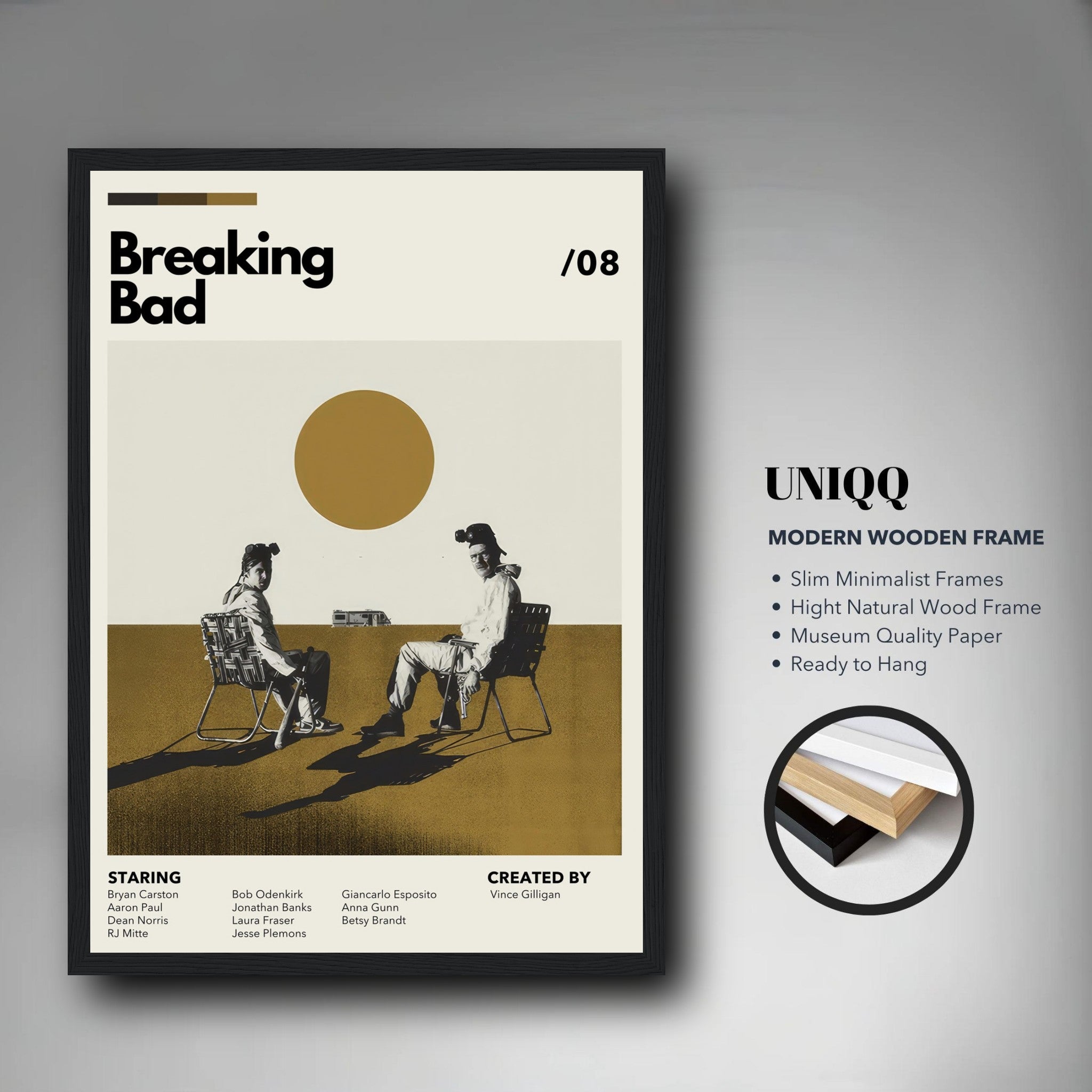 Vintage Breaking Bad framed print featuring Walter White and Jesse Pinkman, minimalist design with earthy tones and sun motif.