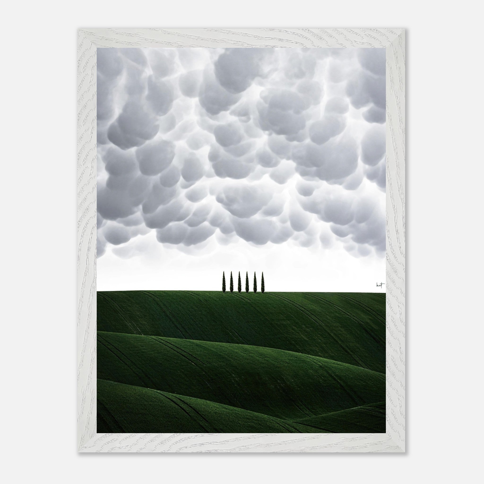 Toscana vintage framed art featuring rolling green hills and cypress trees under a dramatic sky.