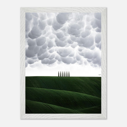 Toscana vintage framed art featuring rolling green hills and cypress trees under a dramatic sky.