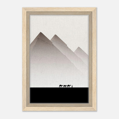 Framed canvas print of the Pyramids of Giza with minimalist design and earthy tones, featuring silhouettes of camels.