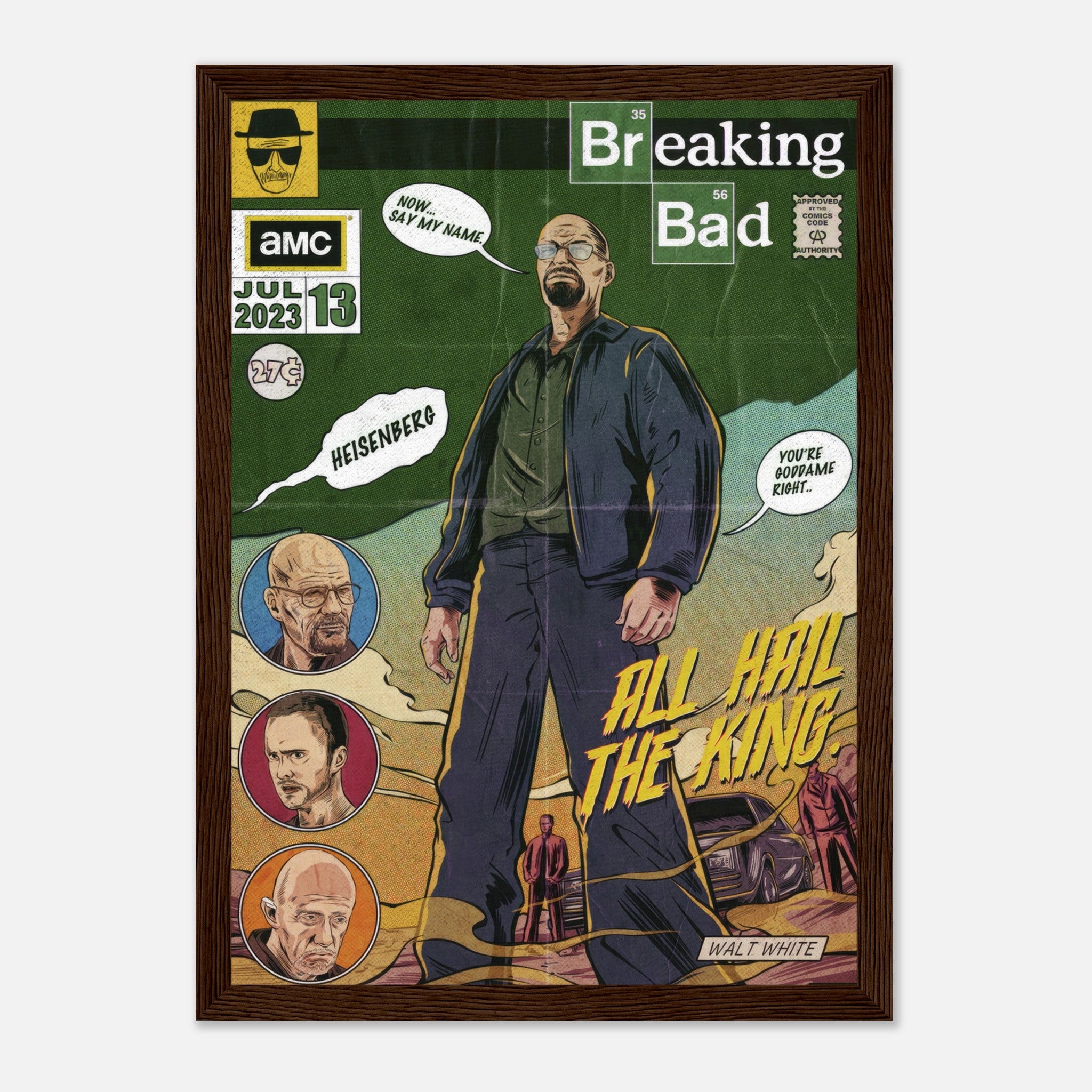 Heisenberg framed print featuring Walter White in a vibrant comic-style design with "All Hail the King" text, from *Breaking Bad*.