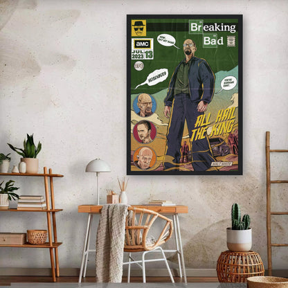 Heisenberg framed print featuring Walter White with comic-style design and "All Hail the King" text in a stylish living room setting.