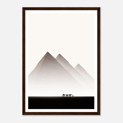 Framed print of the Pyramids of Giza with a minimalist design and silhouettes of camels in the foreground.