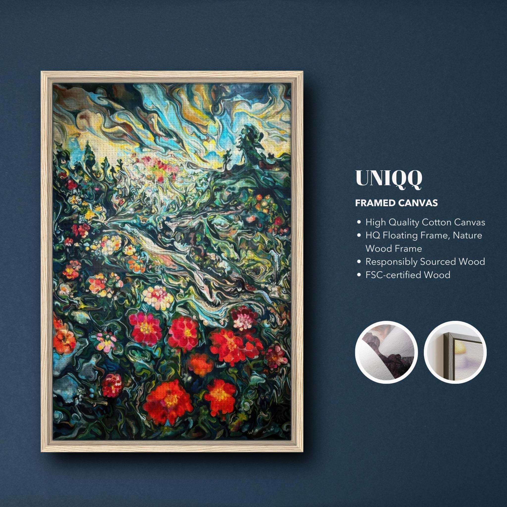 Abstract floral landscape painting in a natural wood frame, showcasing vibrant colors and dynamic brushstrokes.