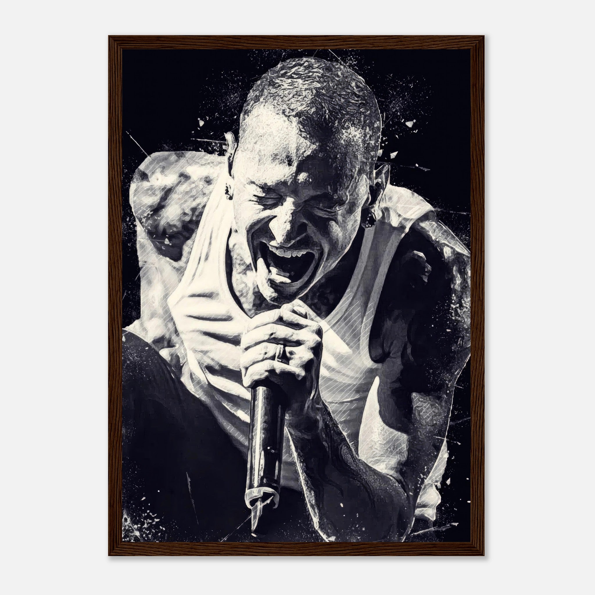 Chester Bennington framed print poster capturing his powerful stage presence in black-and-white for Linkin Park fans.