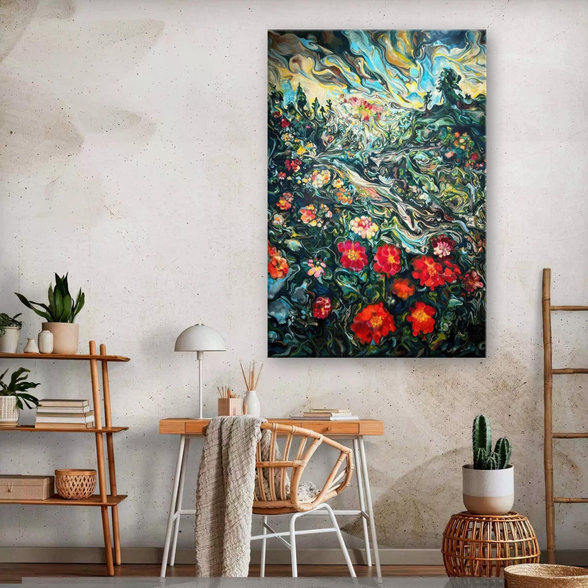 Abstract floral landscape canvas print showcasing vibrant colors and swirling brushstrokes in a stylish home interior.