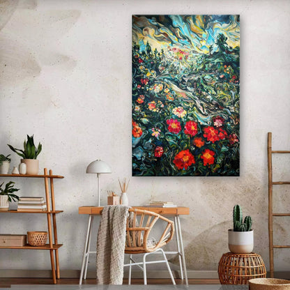 Abstract floral landscape canvas print showcasing vibrant colors and swirling brushstrokes in a stylish home interior.