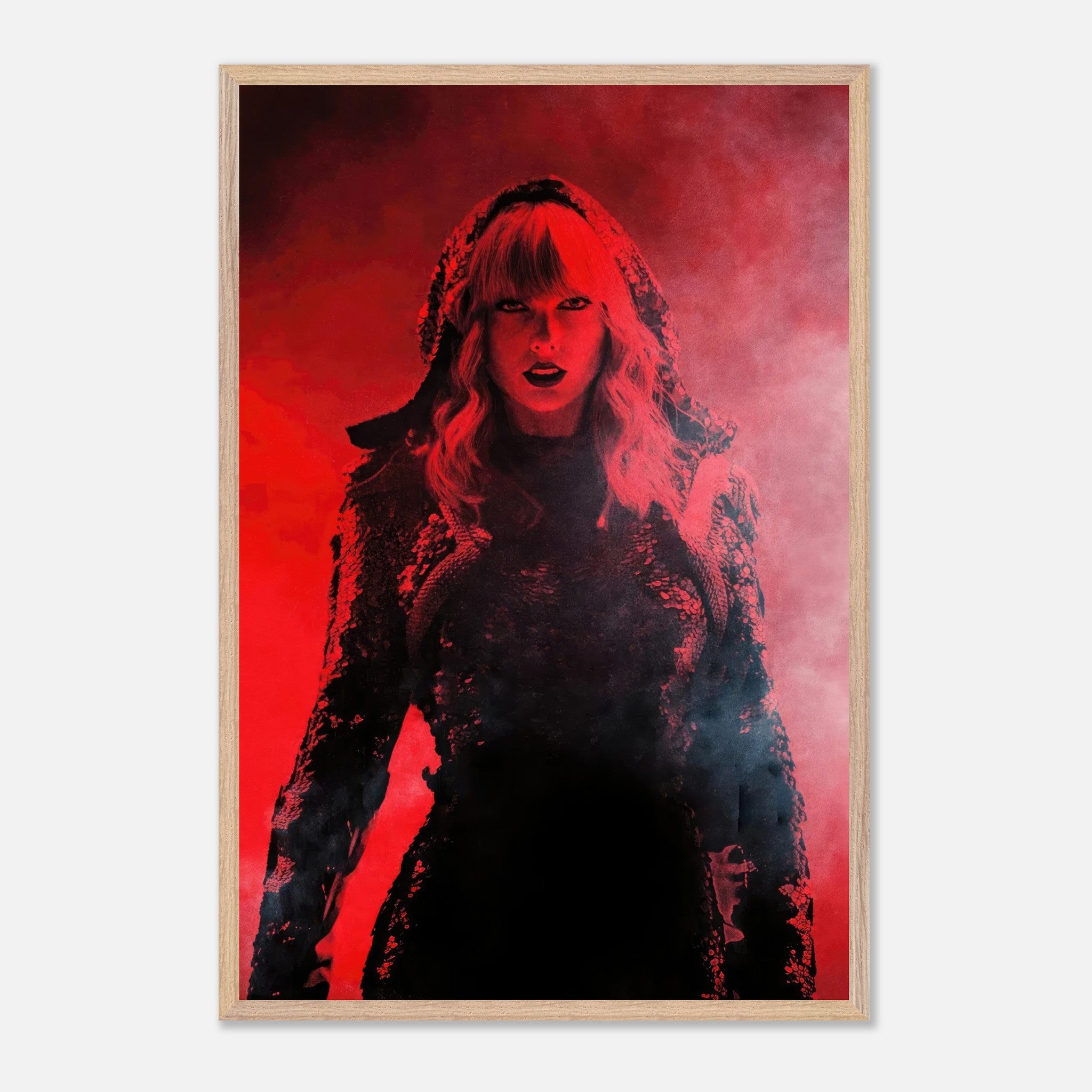 Vintage framed print of a fierce Taylor Swift in a dramatic red ambiance, capturing the essence of her "Red" era.